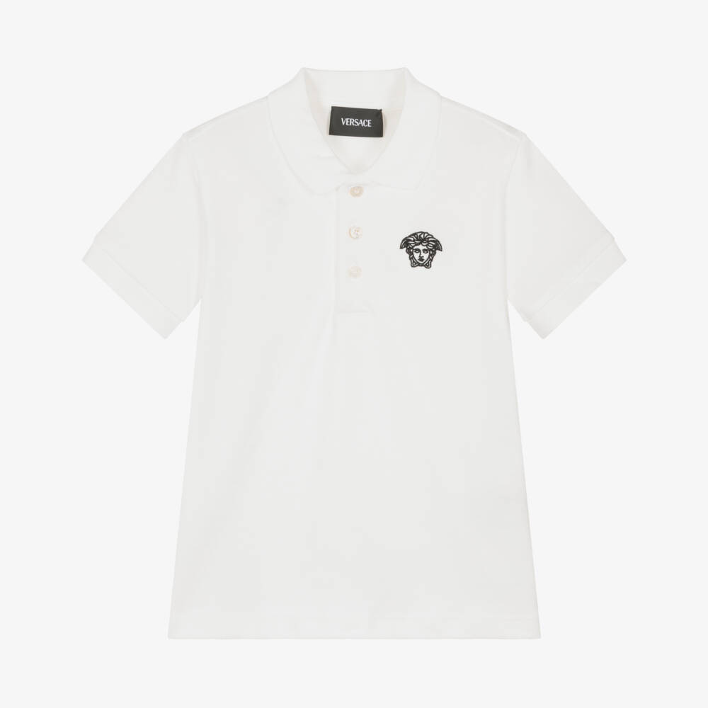 Versace-Junior Boys White Cotton Piqué Polo Shirt with Medusa Logo | Childrensalon