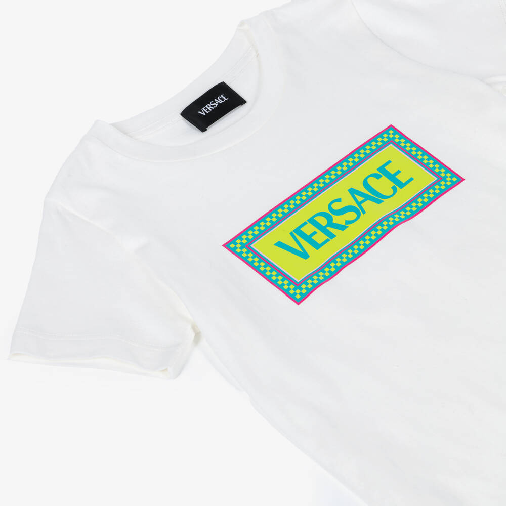 Versace-Junior Boys White Cotton T-Shirt with Electric Logo Print | Childrensalon