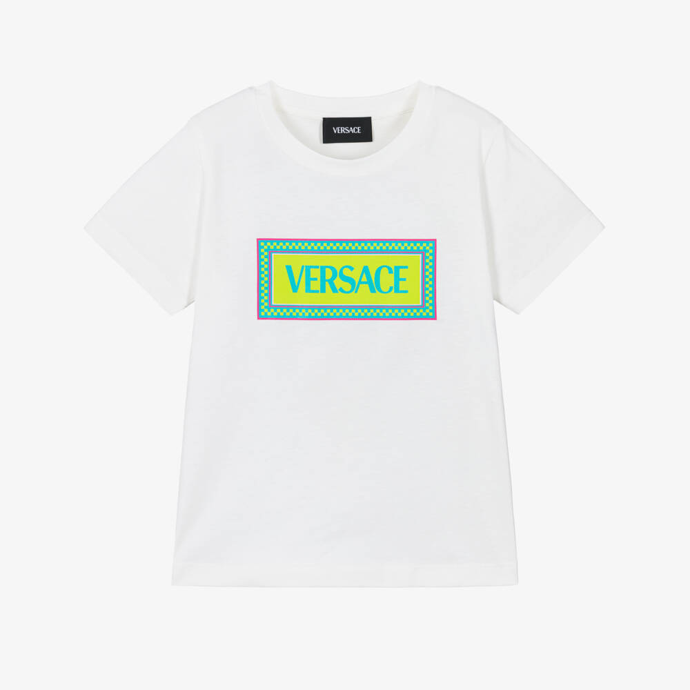 Versace-Junior Boys White Cotton T-Shirt with Electric Logo Print | Childrensalon