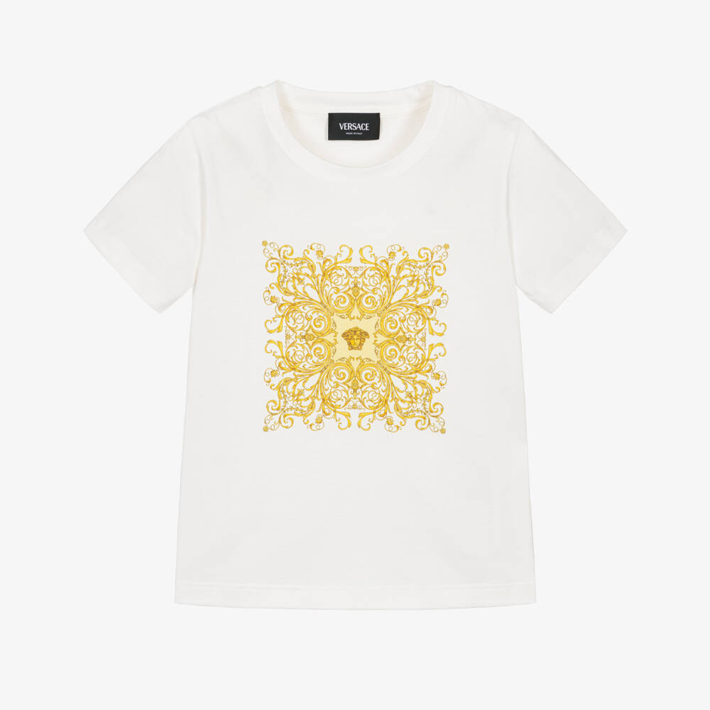 Versace-Junior Boys White Cotton T-Shirt with Gold Barocco Print | Childrensalon