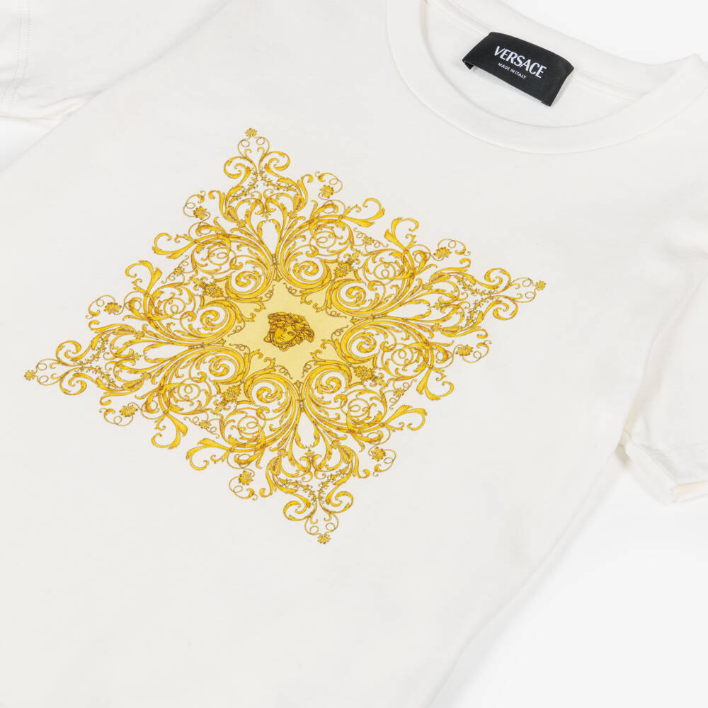 Versace-Junior Boys White Cotton T-Shirt with Gold Barocco Print | Childrensalon