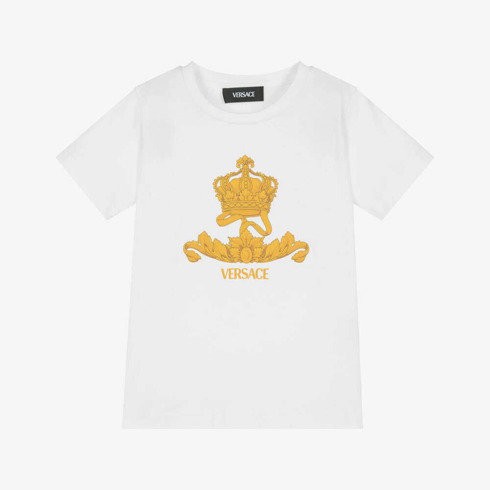 Versace-Junior Boys White Cotton T-Shirt with Gold Logo Crest | Childrensalon