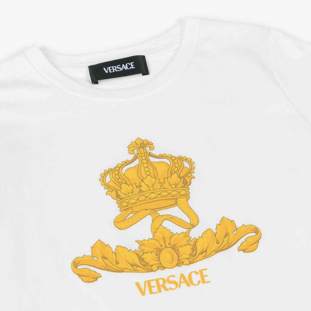 Versace-Junior Boys White Cotton T-Shirt with Gold Logo Crest | Childrensalon