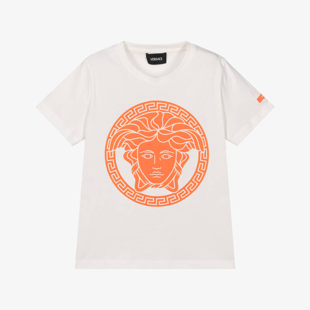 Versace-Junior Boys White Cotton T-Shirt with Neon Orange Medusa Logo  | Childrensalon