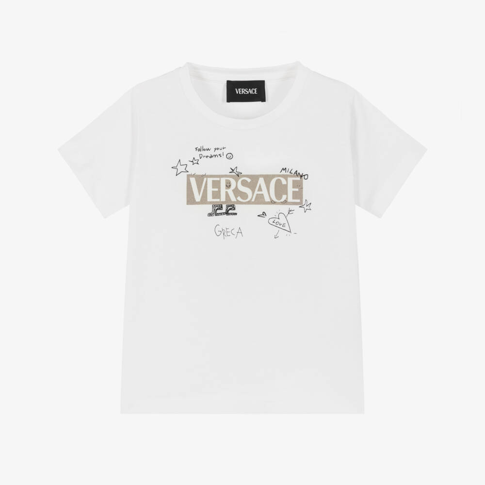 Versace-Футболка белая с золотым логотипом и рисунком для мальчиков | Childrensalon