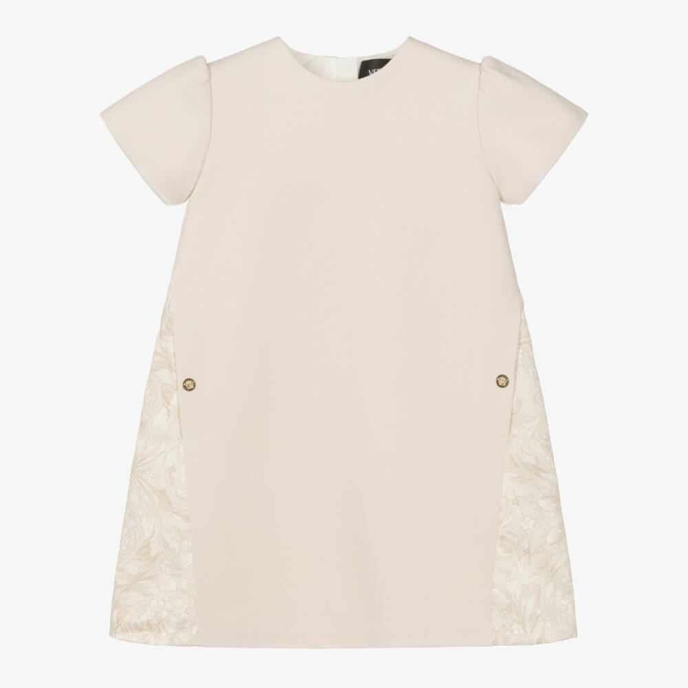 Versace-Junior Girls Beige Milano Jersey Dress with Whisper Barocco Trims | Childrensalon