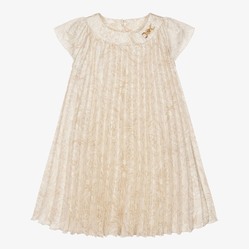 Versace-Junior Girls Beige Whisper Barocco Pleated  Dress | Childrensalon
