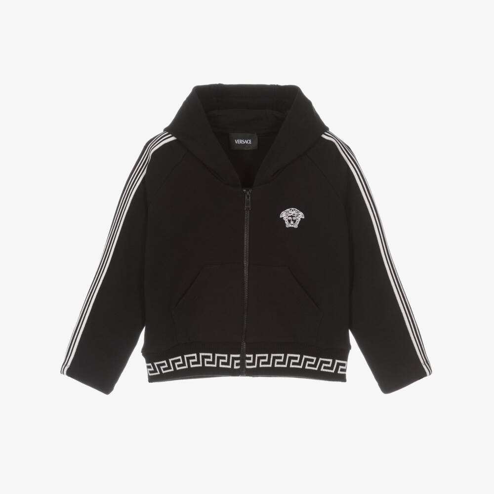 Versace-Junior Girls Black Cotton Zip-Up Top with Greca Waistband | Childrensalon
