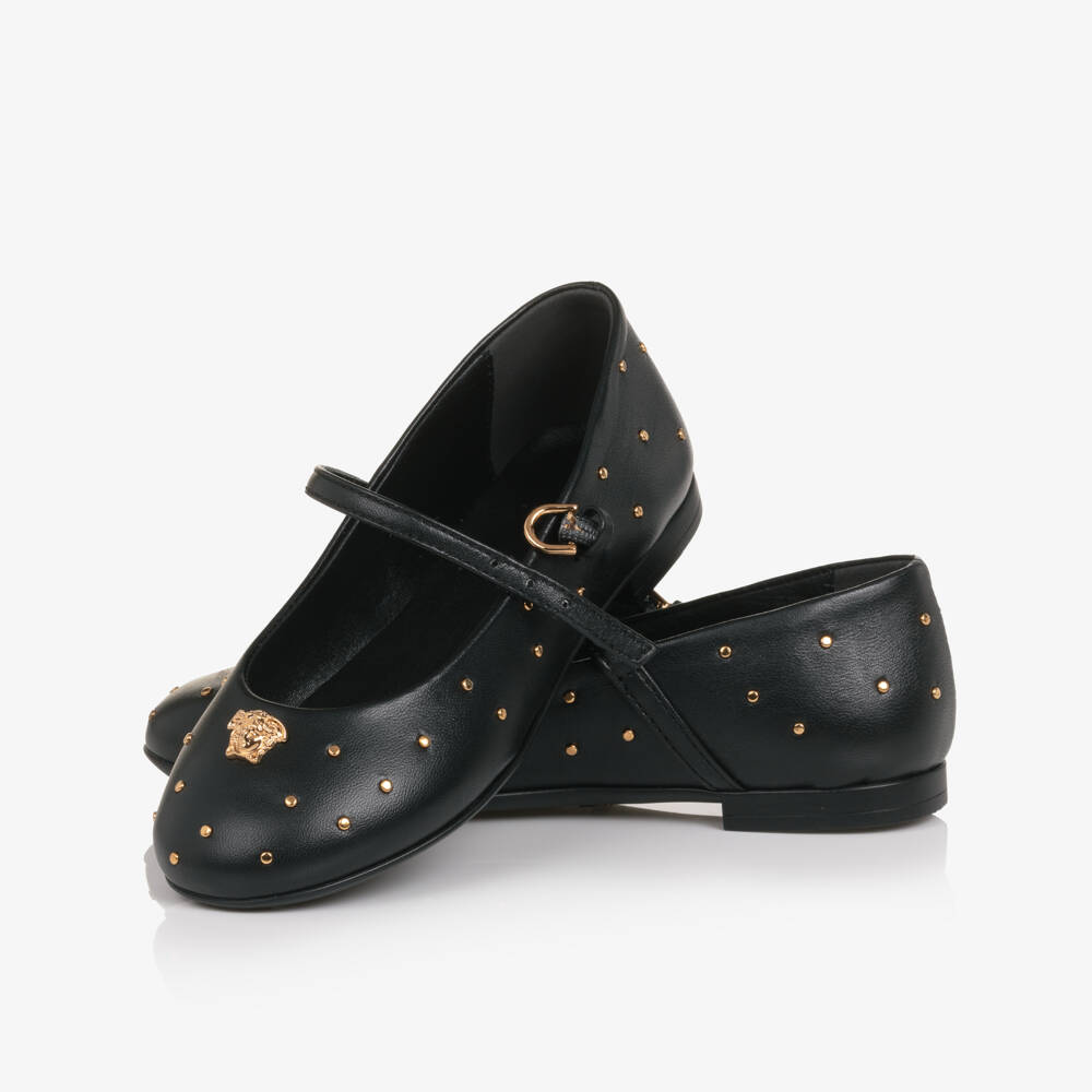 Versace-Junior Girls Black Leather Medusa Bar Shoes with Gold Studs | Childrensalon