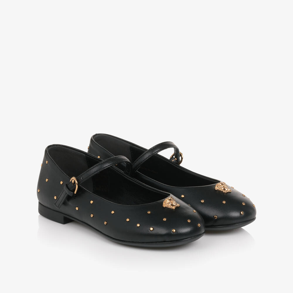Versace-Junior Girls Black Leather Medusa Bar Shoes with Gold Studs | Childrensalon