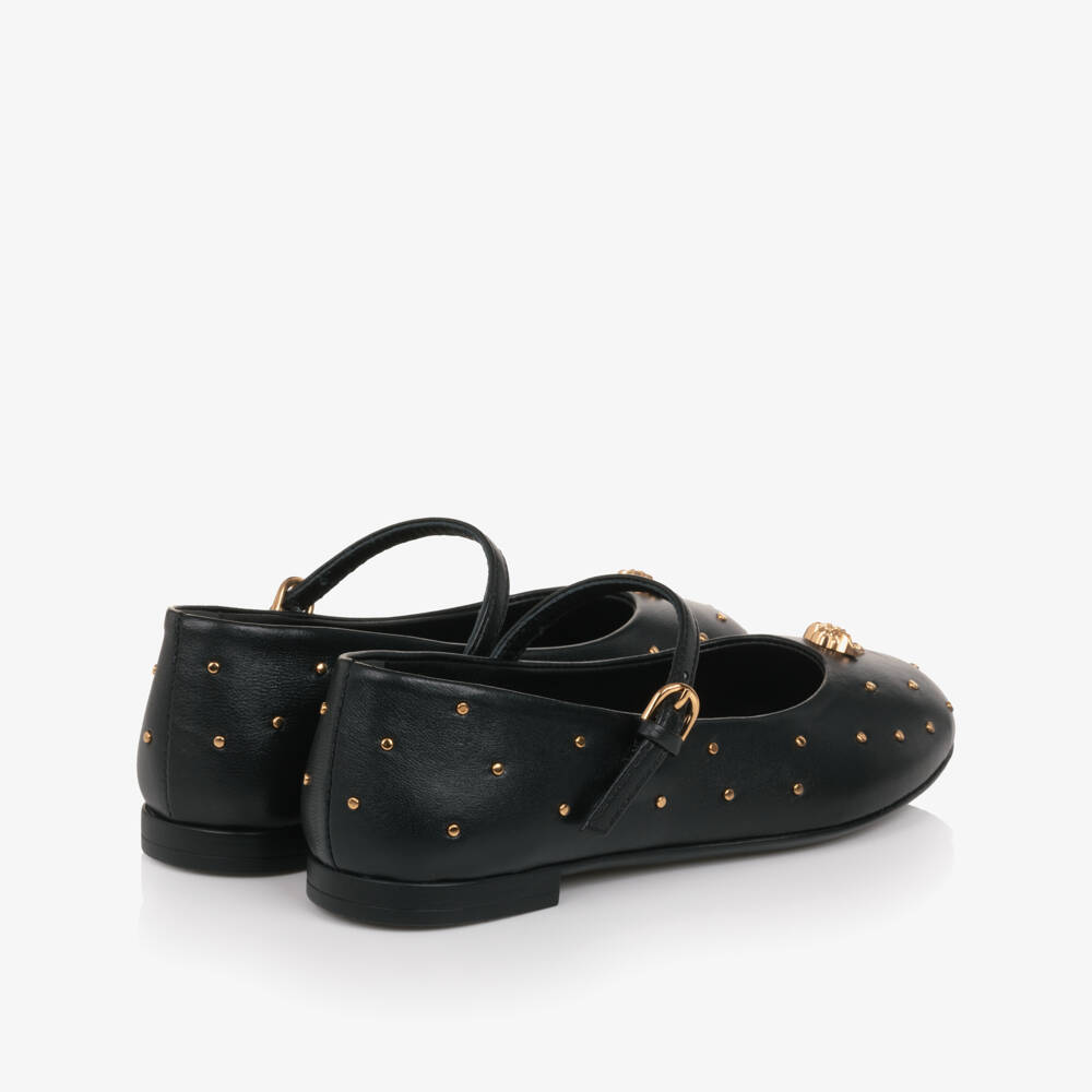 Versace-Junior Girls Black Leather Medusa Bar Shoes with Gold Studs | Childrensalon