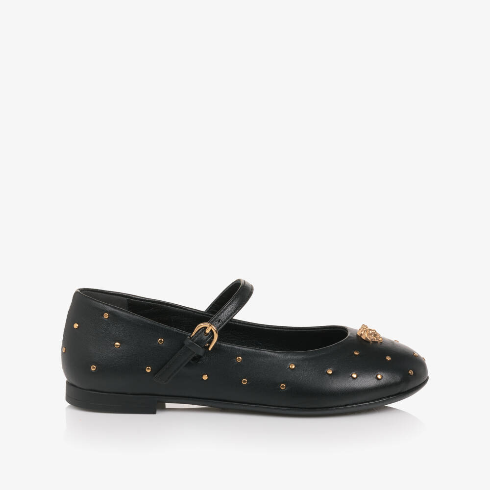 Versace-Junior Girls Black Leather Medusa Bar Shoes with Gold Studs | Childrensalon