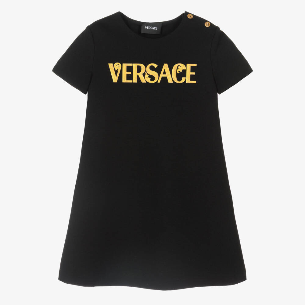 Versace-Junior Girls Black Milano Jersey Dress with Gold Logo Motif | Childrensalon