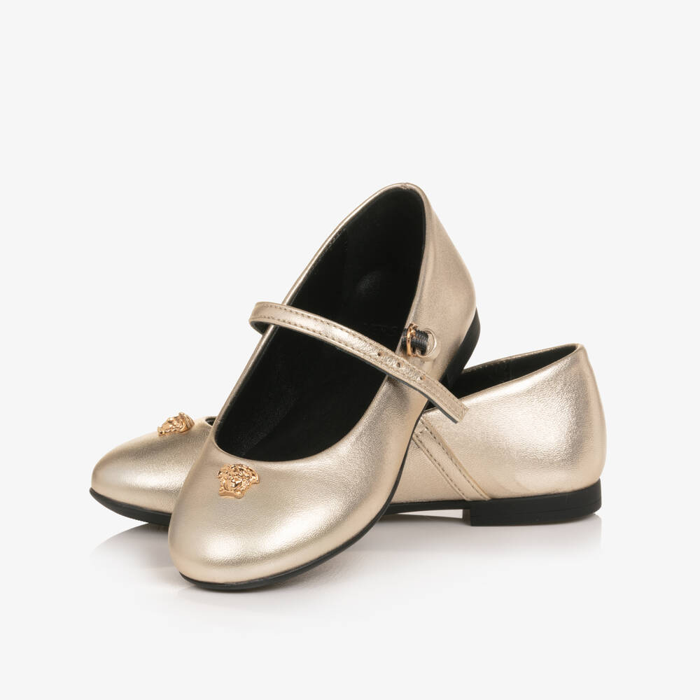 Versace-Junior Girls Gold Leather Medusa Bar Shoes | Childrensalon
