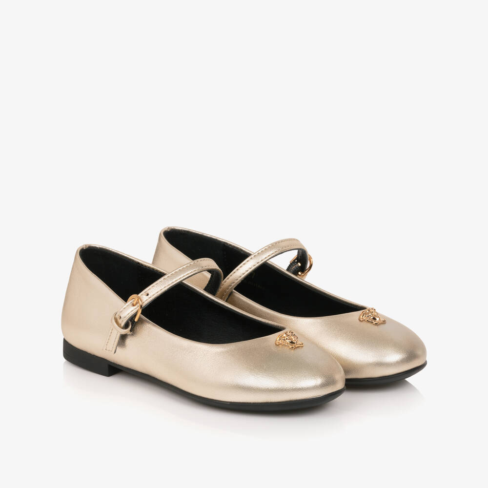 Versace-Junior Girls Gold Leather Medusa Bar Shoes | Childrensalon