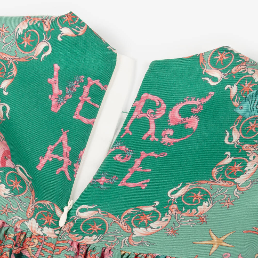 Versace-فستان بطبعة باروكو لون أخضر للبنات | Childrensalon