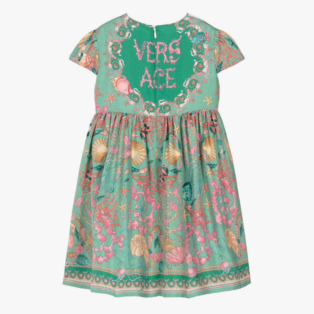 Versace-فستان بطبعة باروكو لون أخضر للبنات | Childrensalon