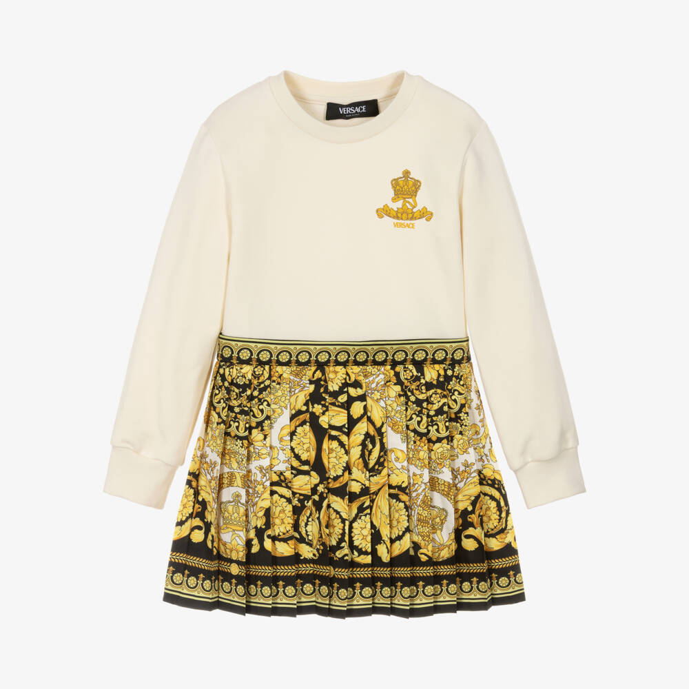 Versace-Junior Girls Ivory Gold & Black Barocco Foulard Satin Logo Crest Dress | Childrensalon