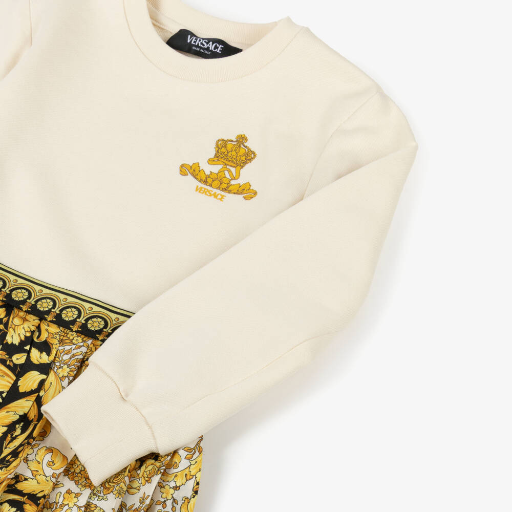 Versace-Junior Girls Ivory Gold & Black Barocco Foulard Satin Logo Crest Dress | Childrensalon