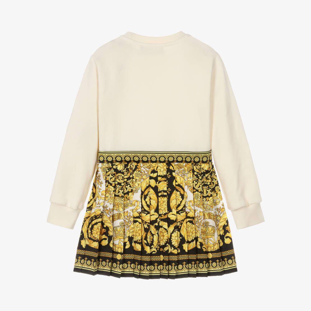Versace-Junior Girls Ivory Gold & Black Barocco Foulard Satin Logo Crest Dress | Childrensalon