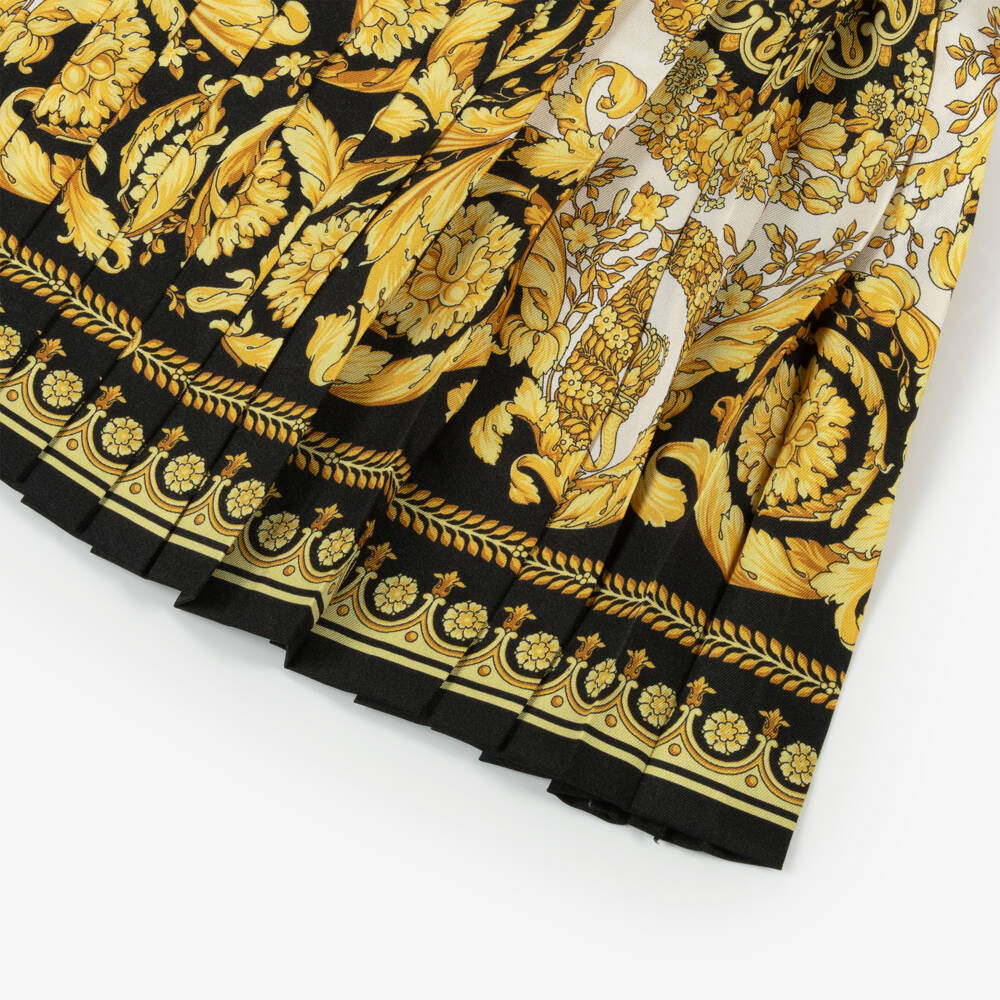 Versace-Junior Girls Ivory Gold & Black Barocco Foulard Satin Logo Crest Dress | Childrensalon