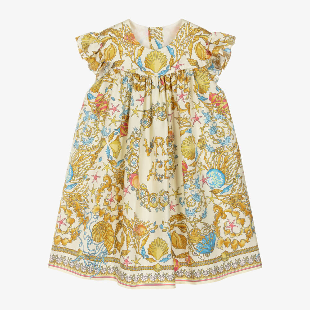 Versace-Junior Girls Ivory & Gold Underwater Barocco Print Silk Dress | Childrensalon