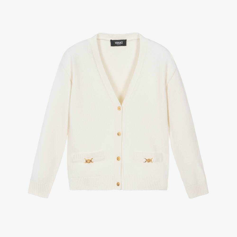 Versace-Junior Girls Ivory Knit Cardigan with Gold Medusa 95 Hardware | Childrensalon