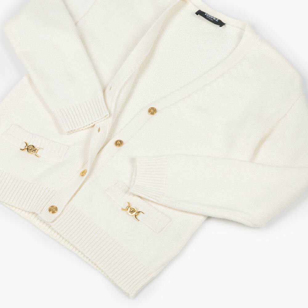 Versace-Junior Girls Ivory Knit Cardigan with Gold Medusa 95 Hardware | Childrensalon