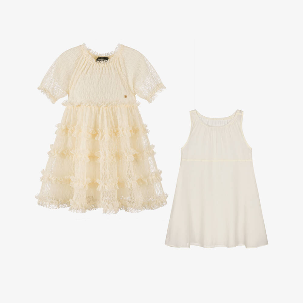 Versace-Платье кремовое кружевное с оборками для девочек | Childrensalon