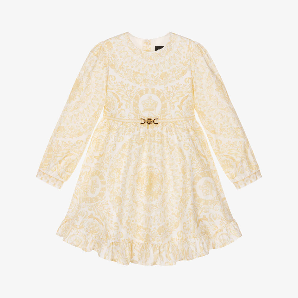 Versace-Junior Girls Ivory & Pale Gold Barocco Cotton Dress | Childrensalon
