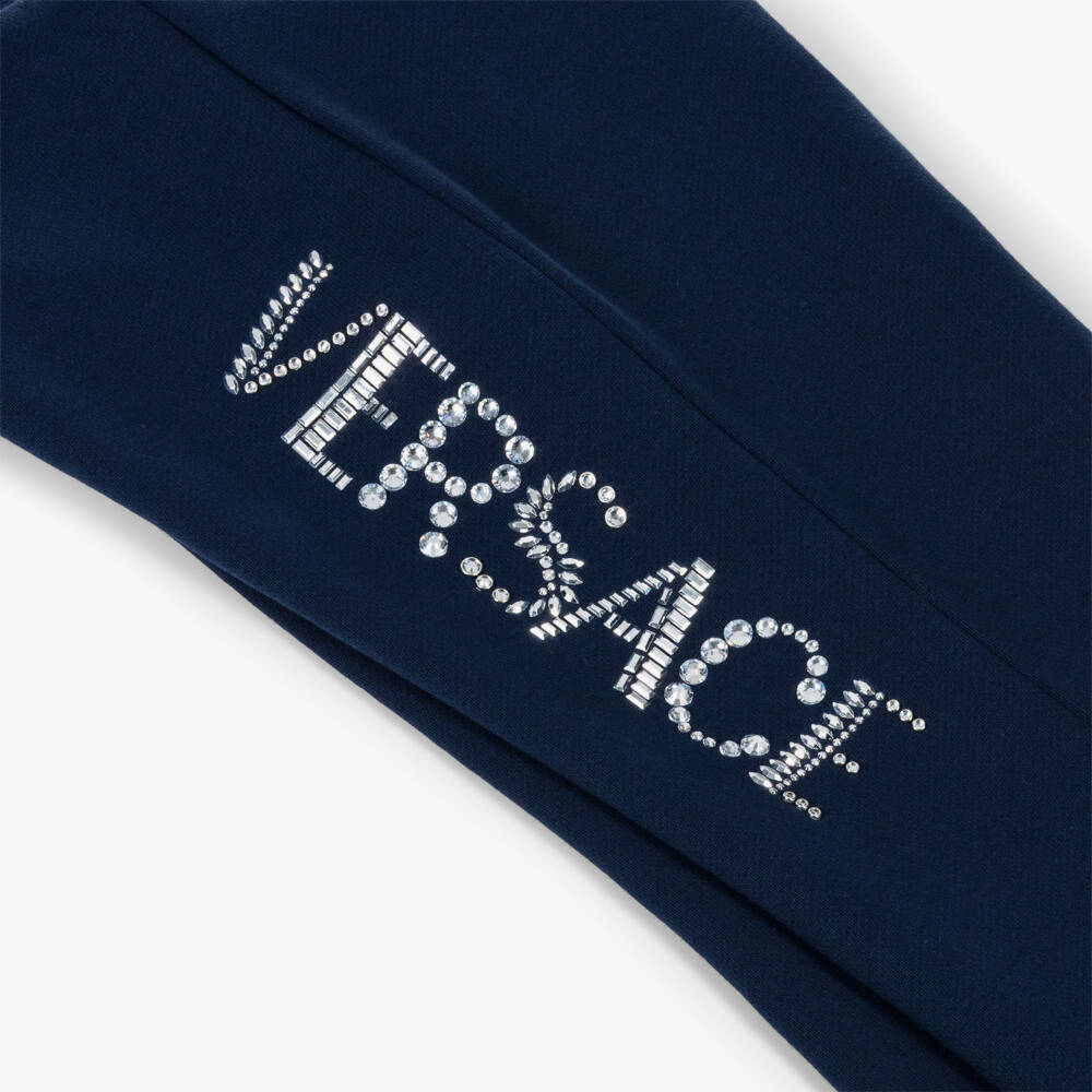 Versace-Junior Girls Navy Blue Embellished Logo Jersey Trousers | Childrensalon