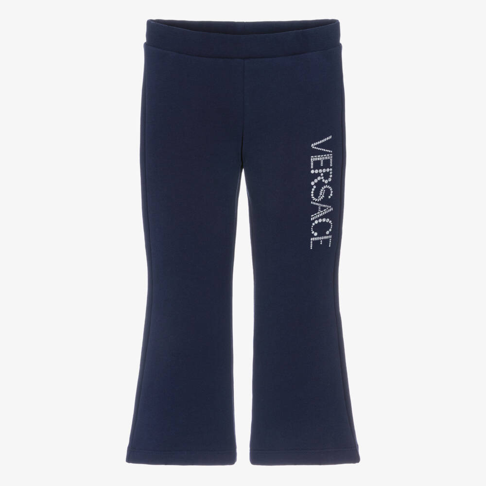 Versace-Junior Girls Navy Blue Glitter Logo Cotton Jersey Trousers | Childrensalon