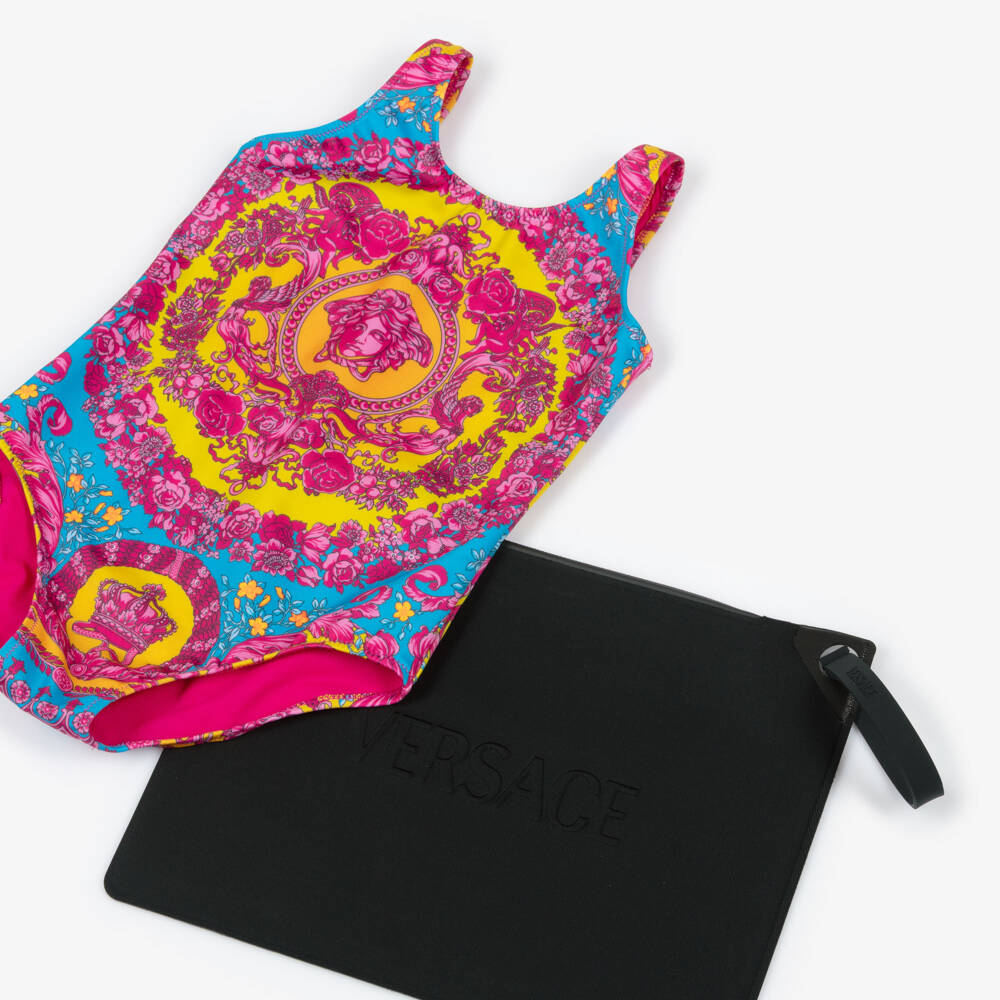 Versace-Купальник розово-синий с принтом Electric Barocco для девочек | Childrensalon