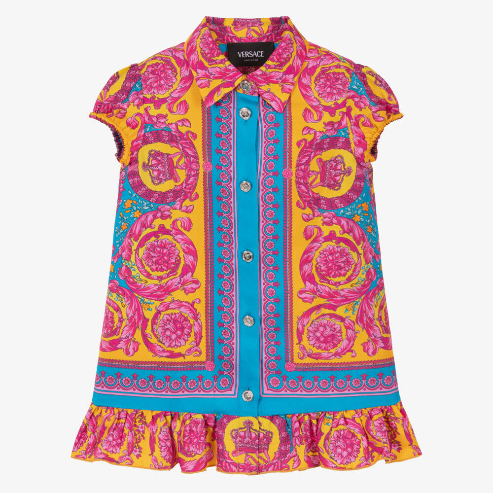 Versace-Junior Girls Pink & Blue Silk Dress with Barocco Print | Childrensalon