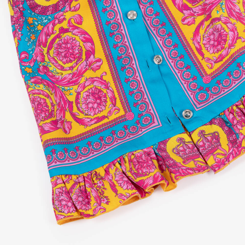 Versace-Junior Girls Pink & Blue Silk Dress with Barocco Print | Childrensalon