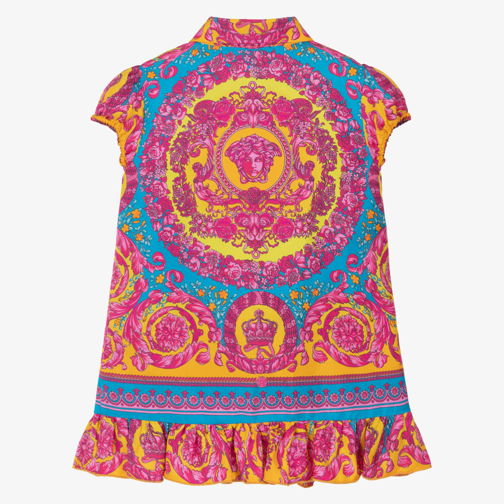 Versace-Junior Girls Pink & Blue Silk Dress with Barocco Print | Childrensalon