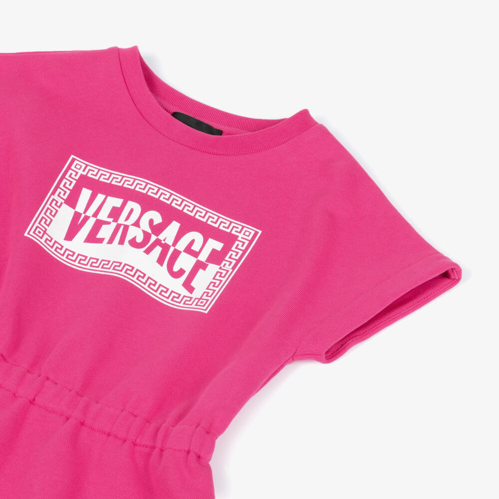 Versace-Junior Girls Pink Cotton Jersey Dress with Contrast Logo Print | Childrensalon