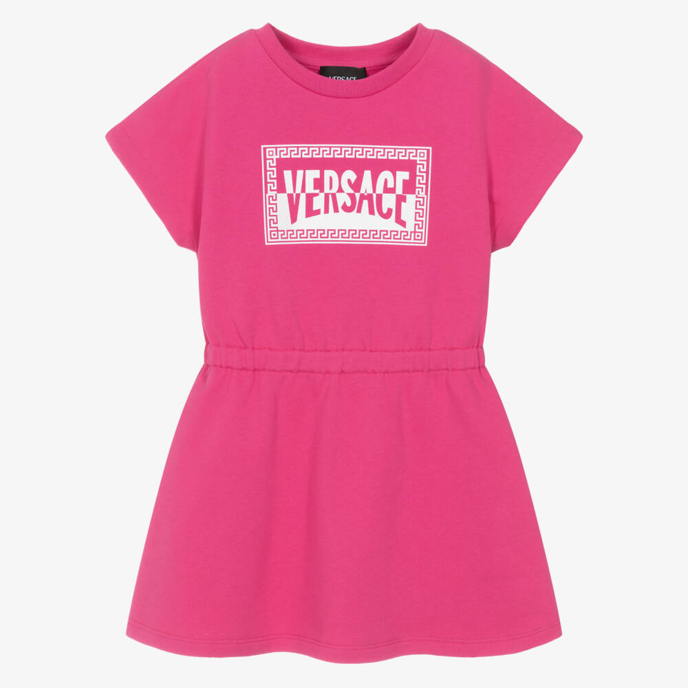 Versace-Junior Girls Pink Cotton Jersey Dress with Contrast Logo Print | Childrensalon