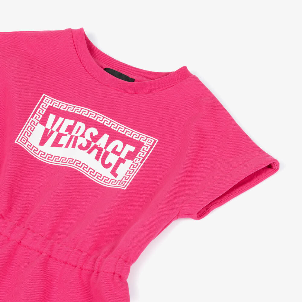Versace-Junior Girls Pink Cotton Jersey Dress with Contrast Logo Print | Childrensalon