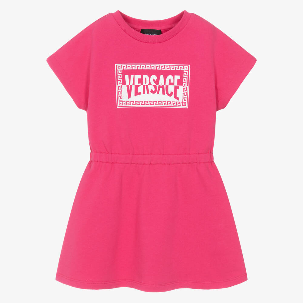 Versace-Junior Girls Pink Cotton Jersey Dress with Contrast Logo Print | Childrensalon