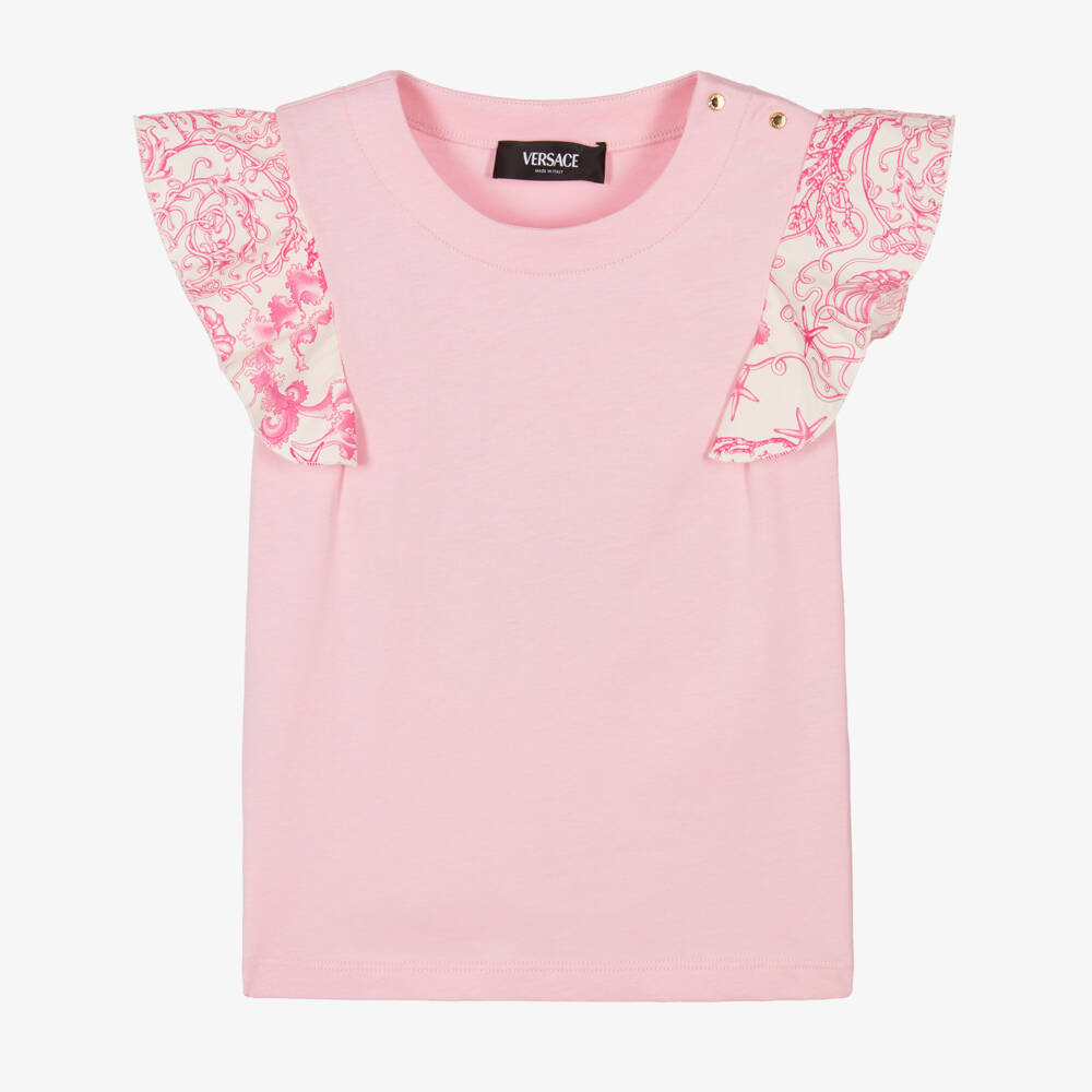 Versace-Junior Girls Pink Cotton Underwater Barocco Sleeve T-Shirt | Childrensalon
