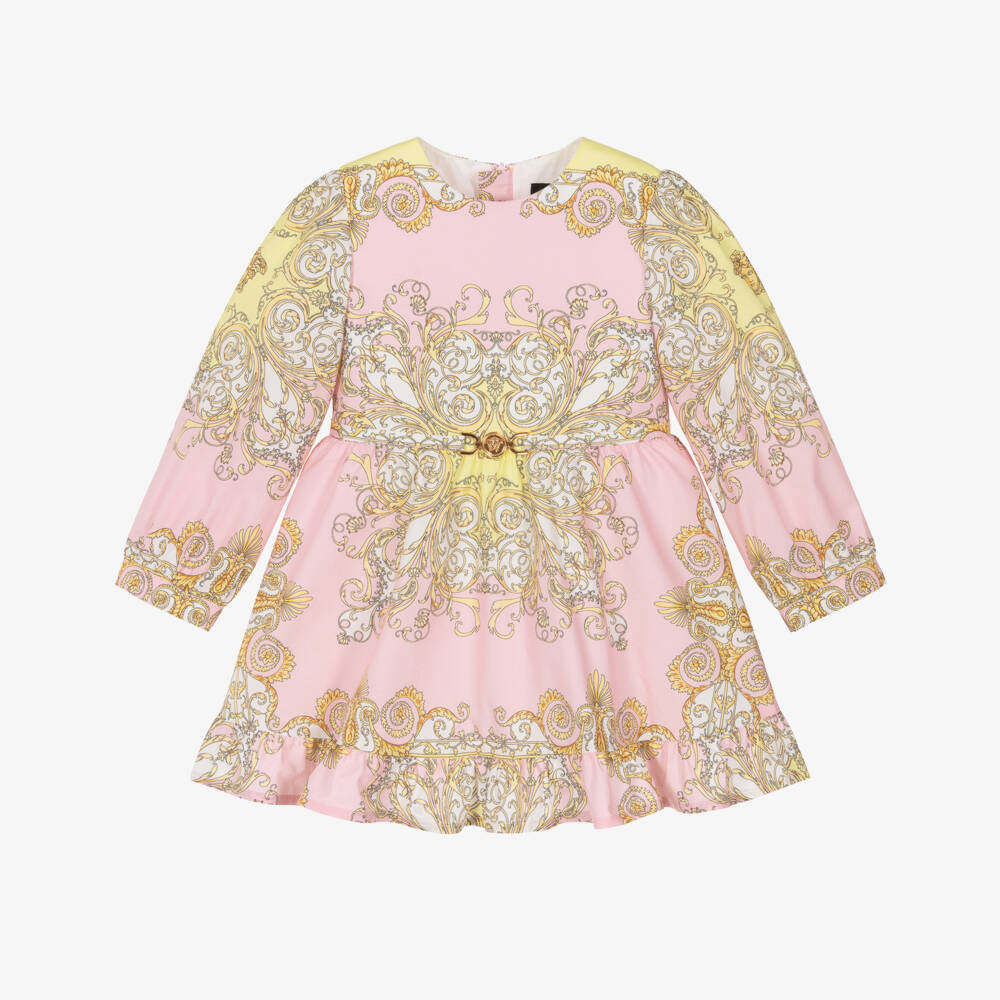 Versace-Junior Girls Pink & Gold Barocco Cotton Dress | Childrensalon