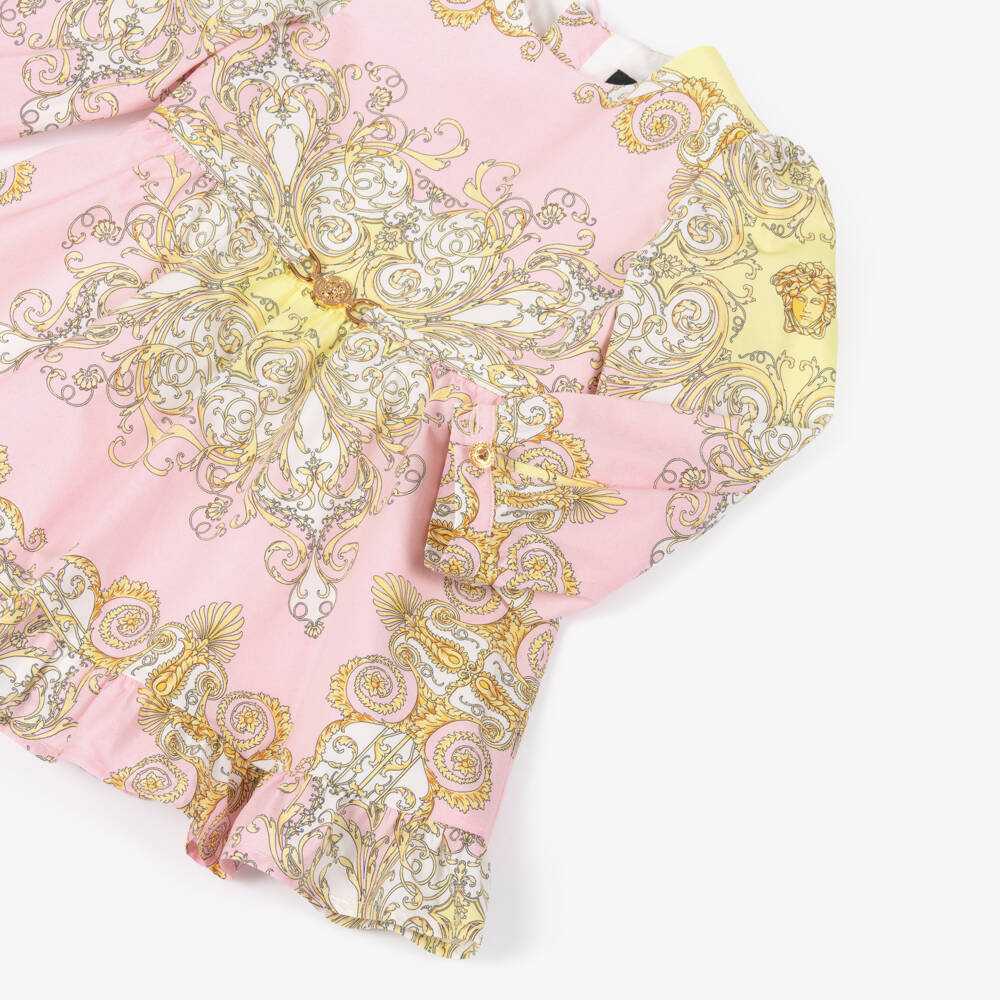 Versace-Junior Girls Pink & Gold Barocco Cotton Dress | Childrensalon