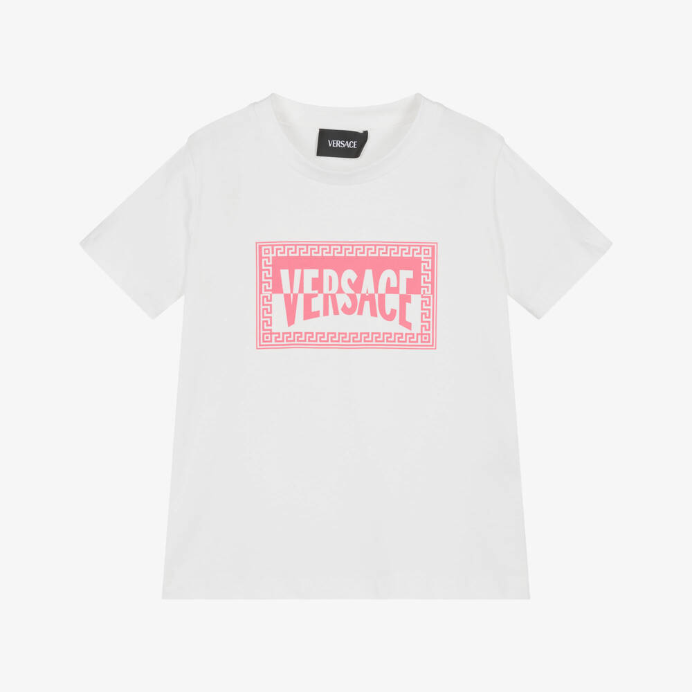 Versace-Junior Girls White Cotton Contrast Logo T-Shirt | Childrensalon