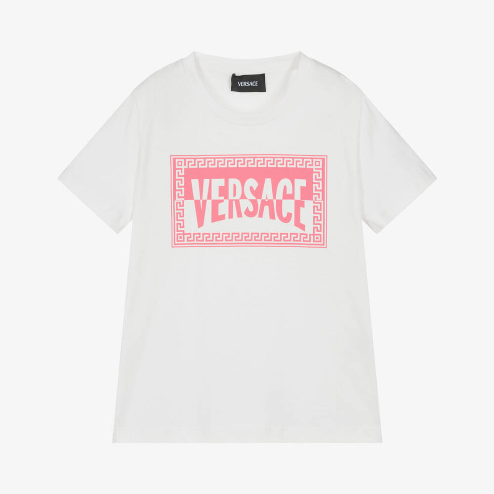 Versace-Junior Girls White Cotton Contrast Logo T-Shirt | Childrensalon