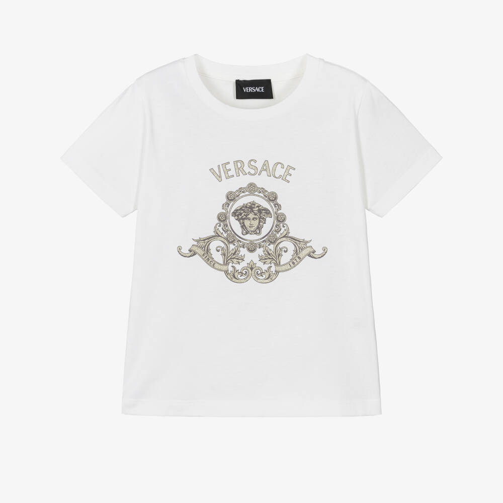 Versace-Junior Girls White Cotton Jersey T-Shirt with Gold Glitter Logo | Childrensalon