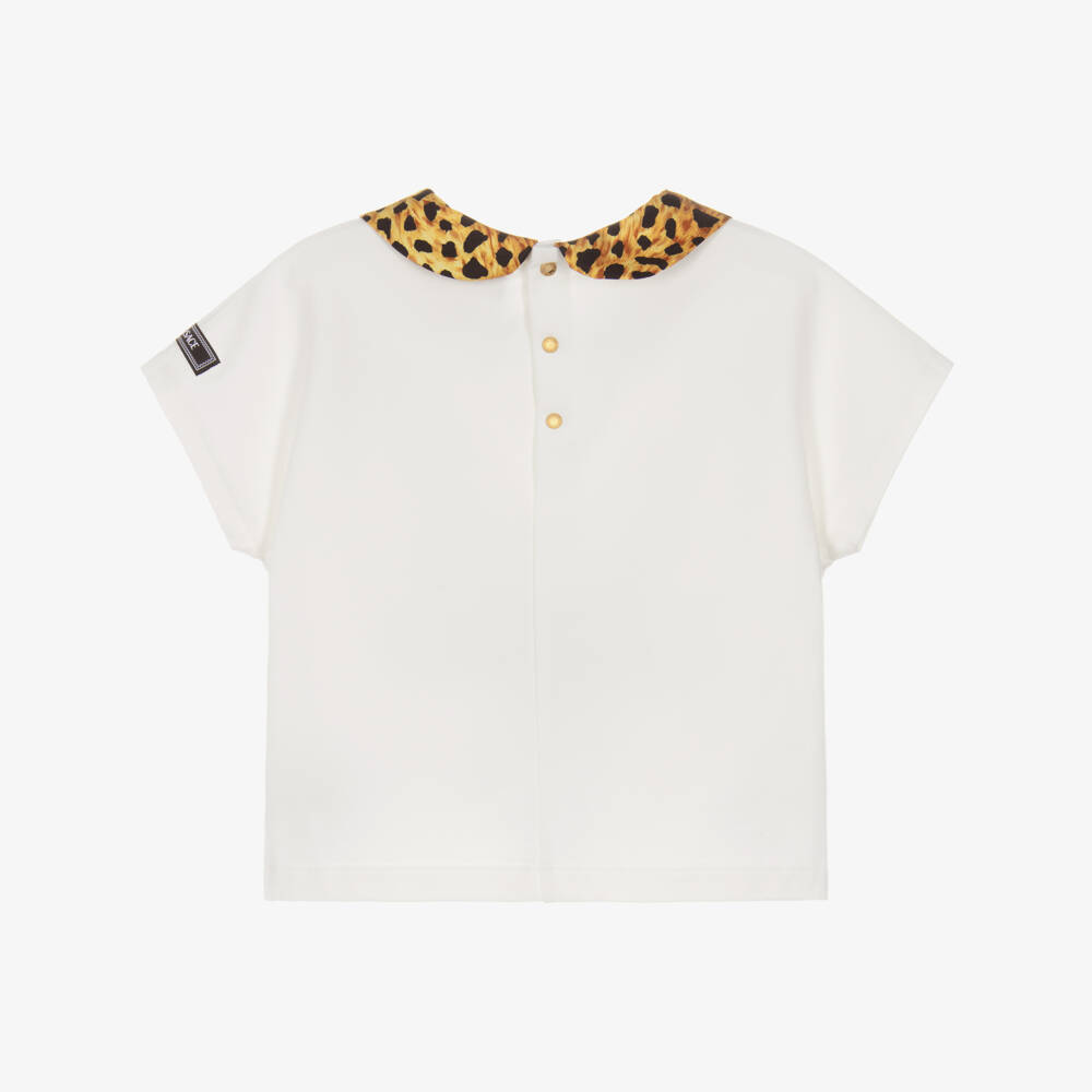Versace-Junior Girls White Cotton T-Shirt with Animal Print Collar | Childrensalon