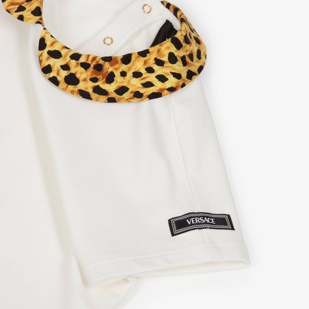 Versace-Junior Girls White Cotton T-Shirt with Animal Print Collar | Childrensalon