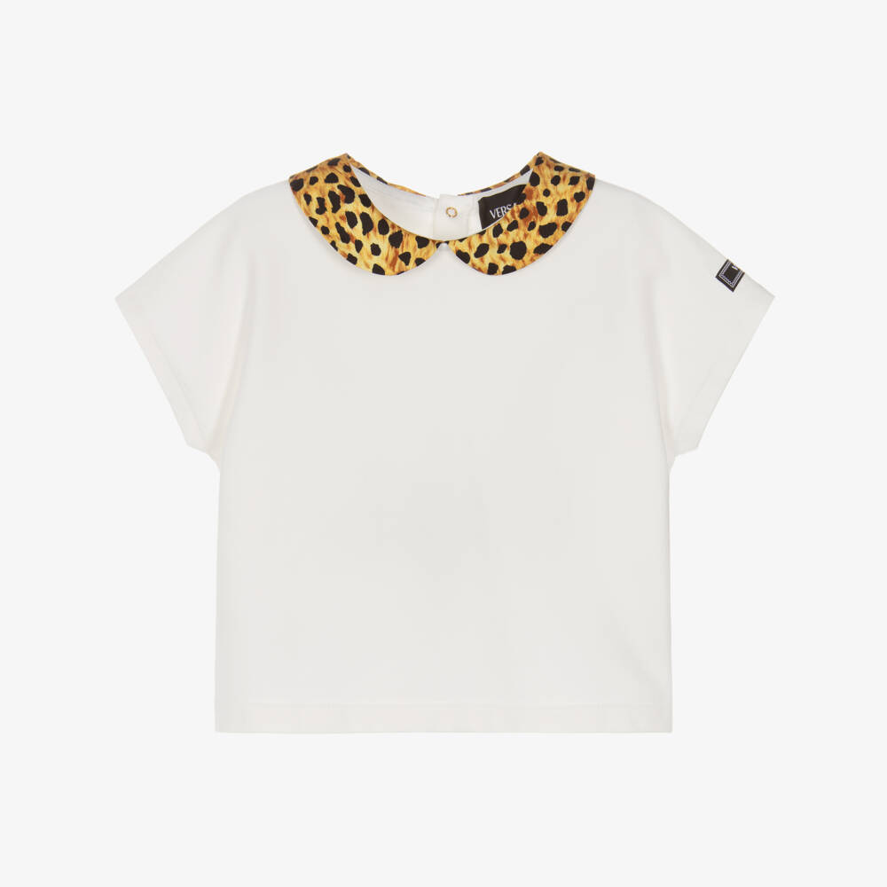Versace-Junior Girls White Cotton T-Shirt with Animal Print Collar | Childrensalon