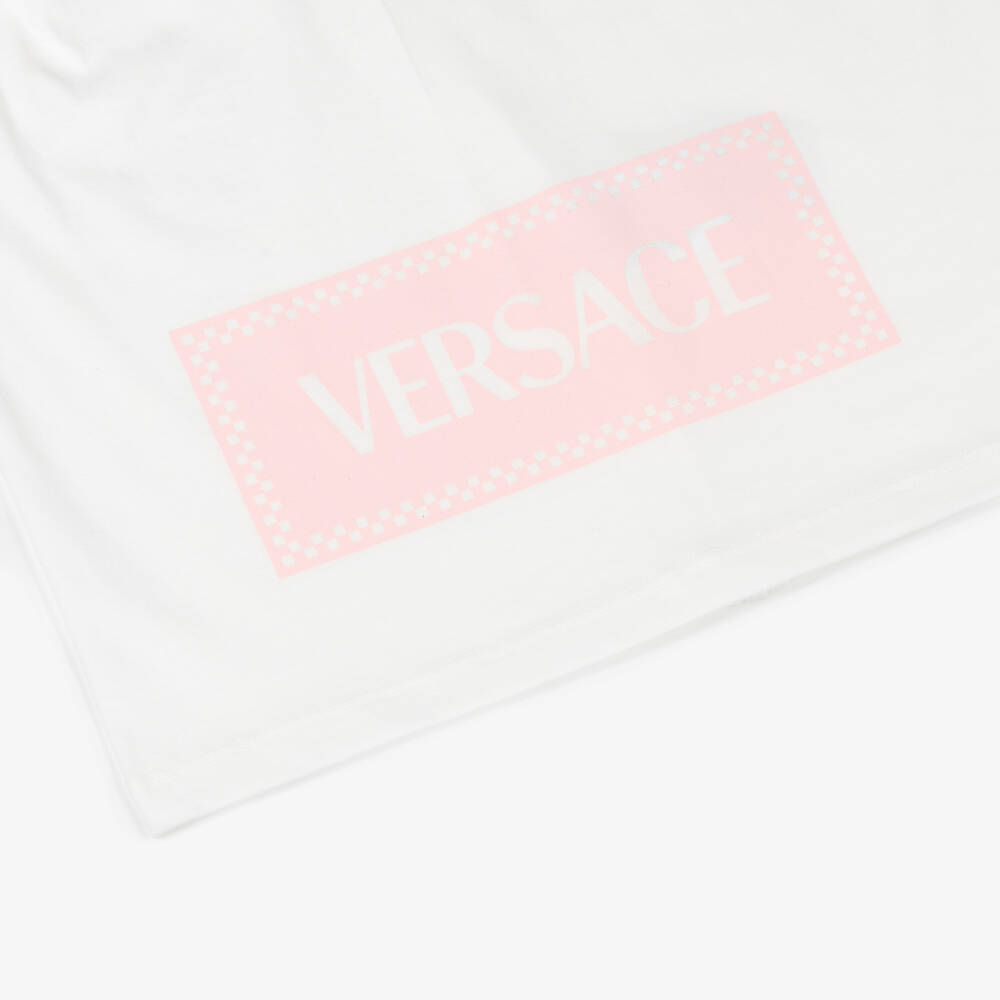 Versace-Junior Girls White & Pink '90s Vintage Logo Cotton T-Shirt | Childrensalon